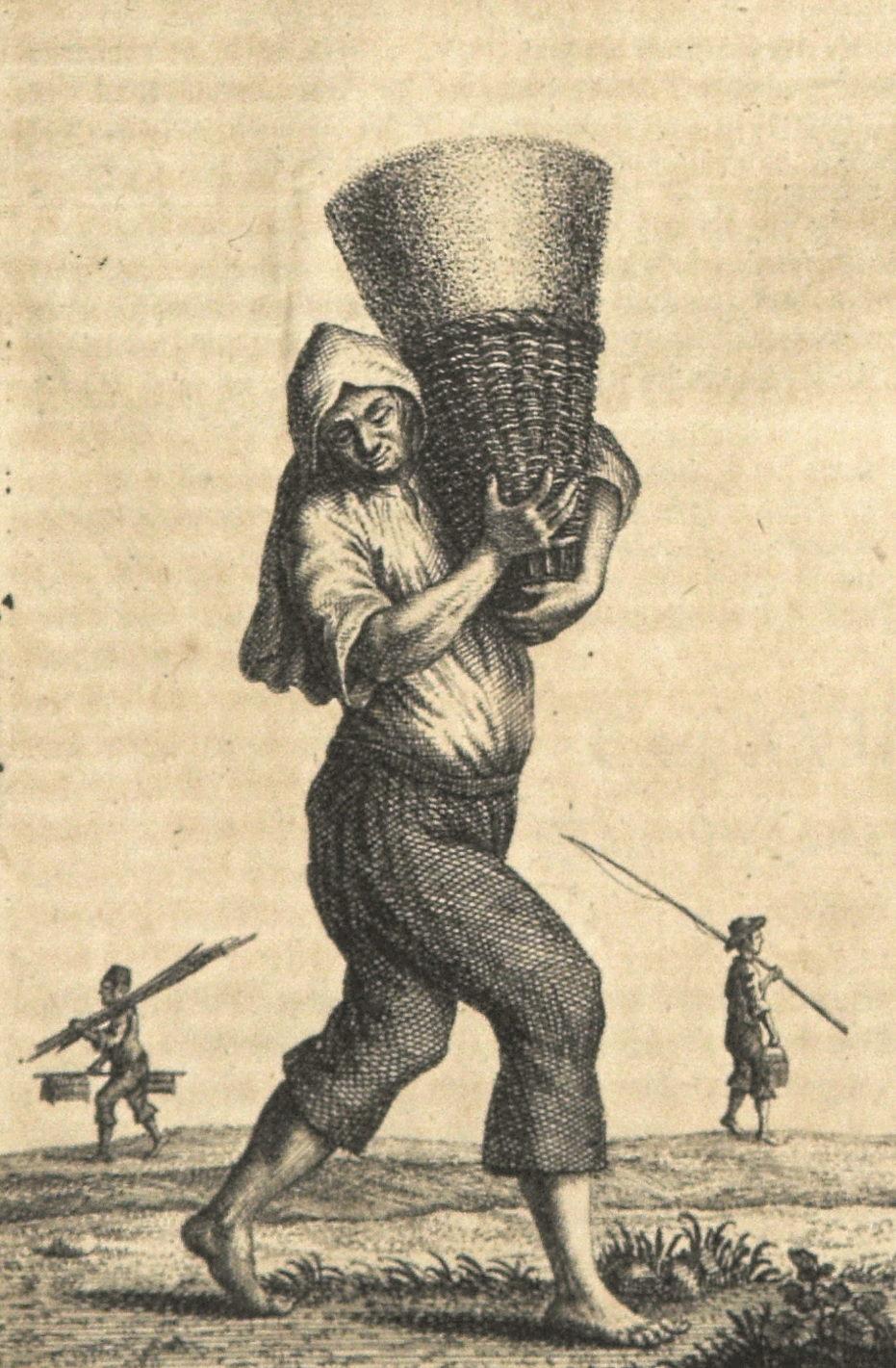 Darstellung eines Salzträgers mit Korb im Vordergrund, im Hintergrund zwei weitere Männer.